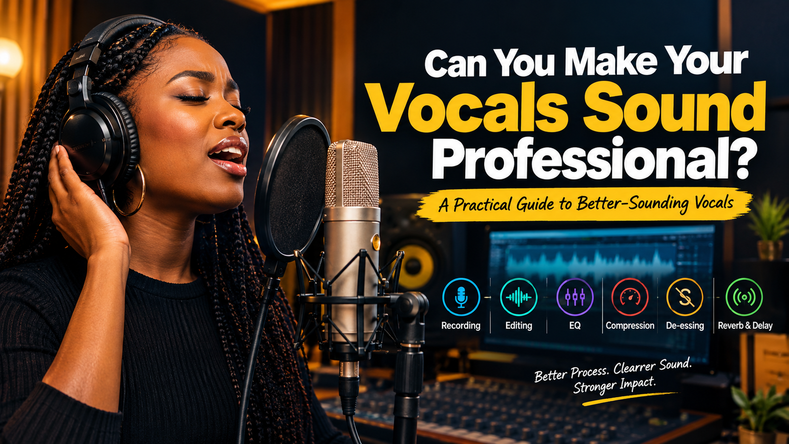 Professional vocal recording and mixing session showing an artist performing into a studio microphone