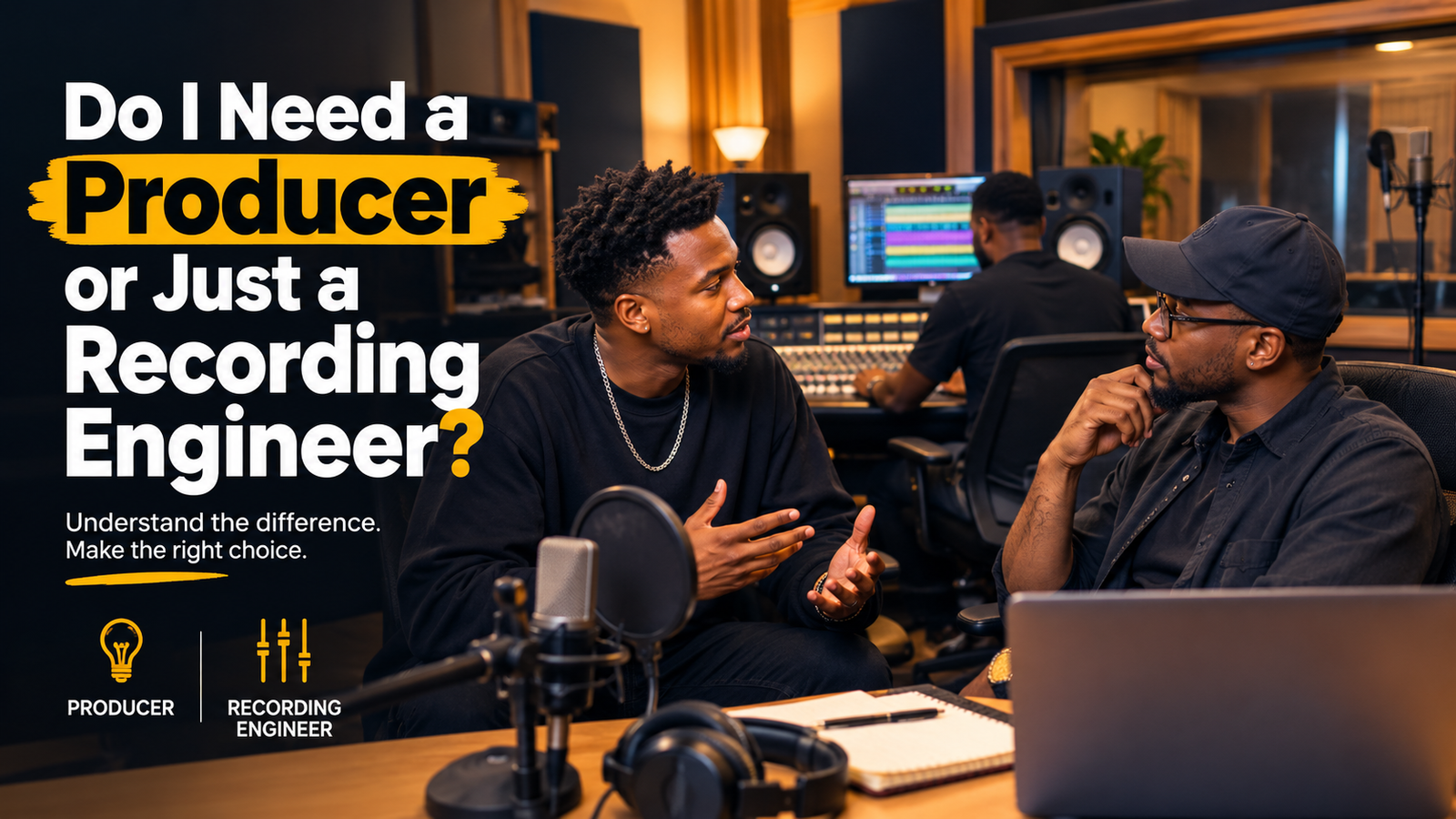 Artist working with a music producer and recording engineer in a professional recording studio