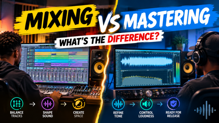 Mixing and mastering engineer comparing a stereo mix in a professional music studio